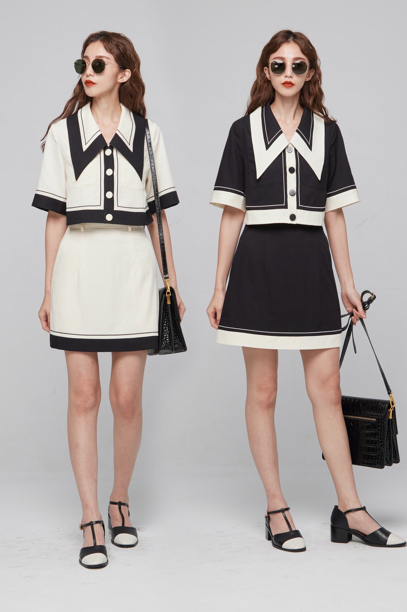ビッグカラーシンメトリーステッチトップス-Black