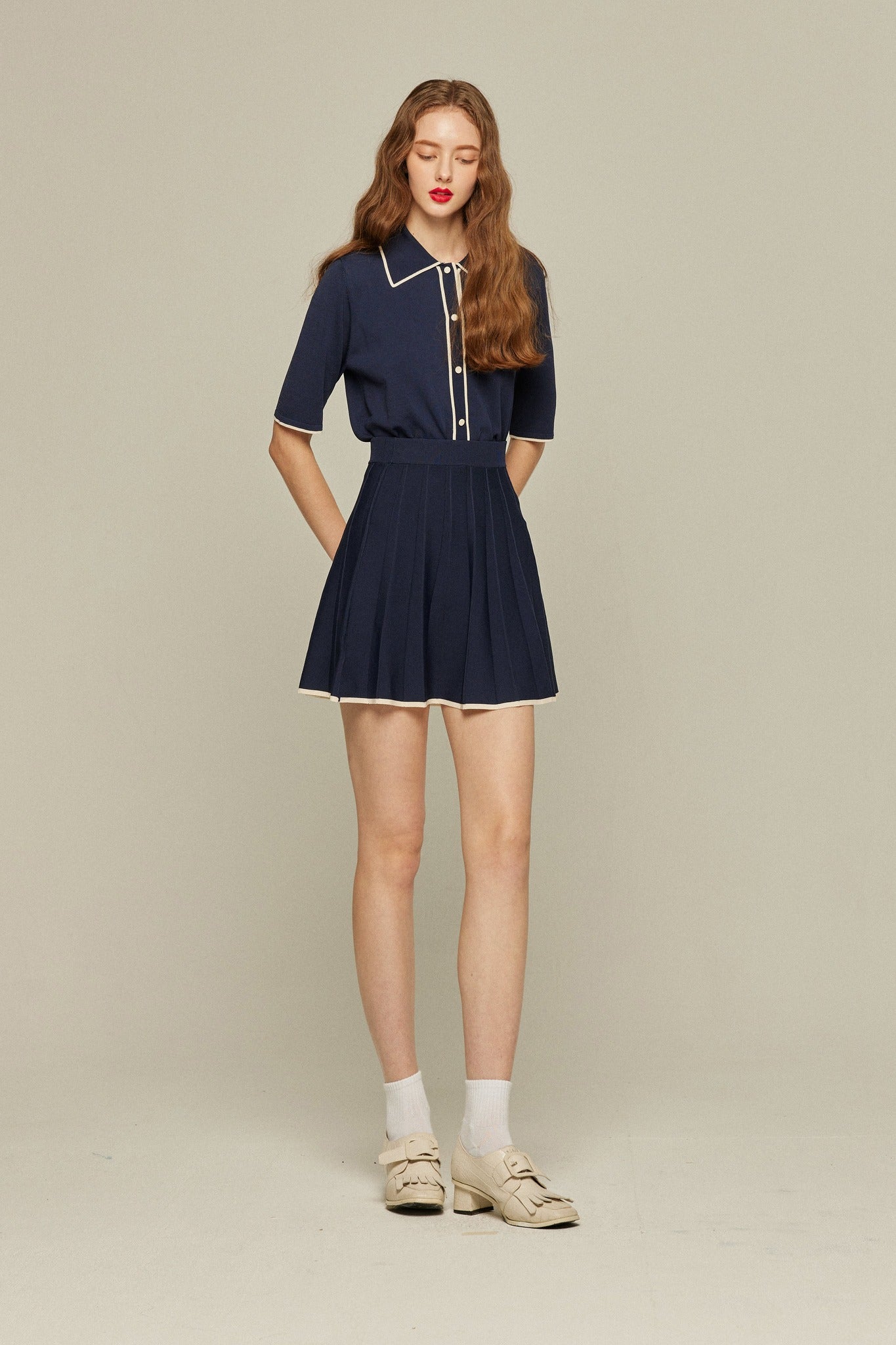 ハイウエストプリーツニットスカート-Navy