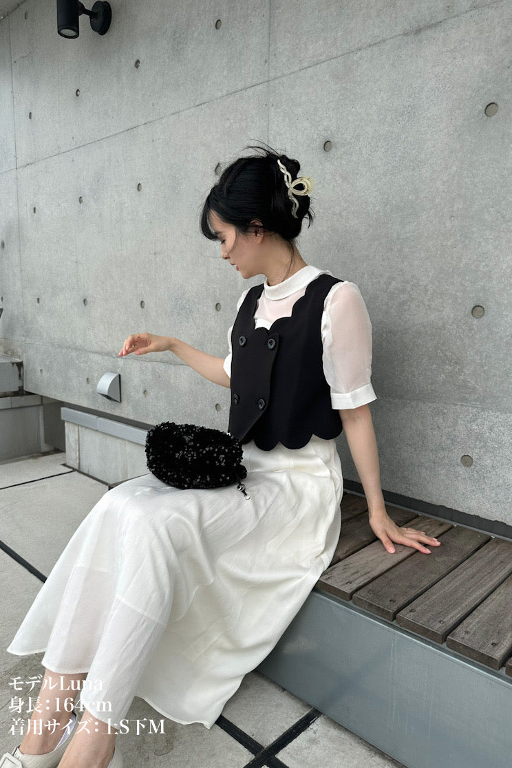 スカラップデザインダブルブレストベスト-Black