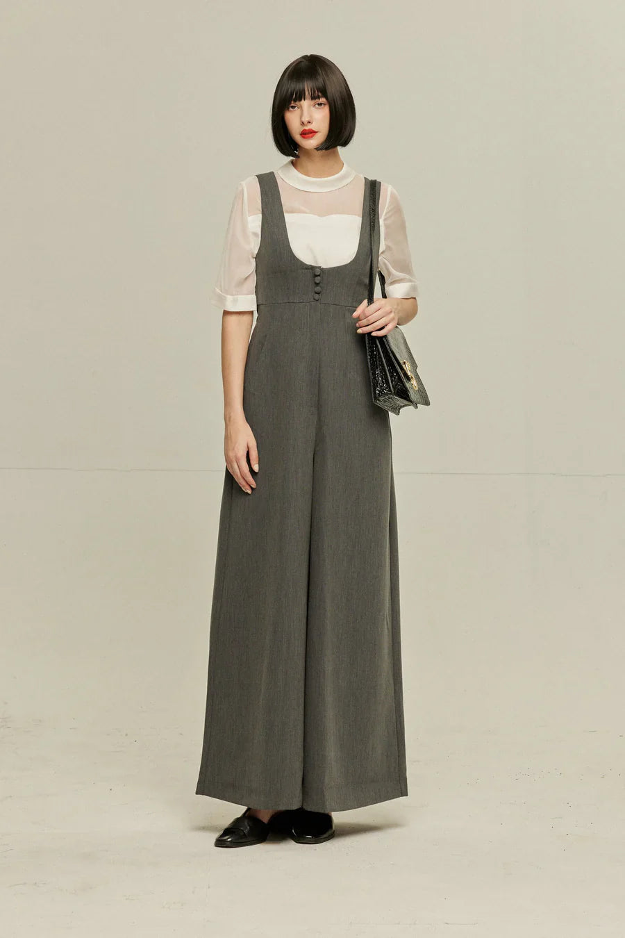 ハイウエストデザインバッククロスサロペット-Gray