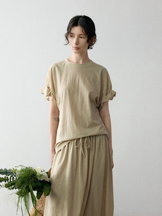リネン混フリルスリーブドロップショルダーTシャツ