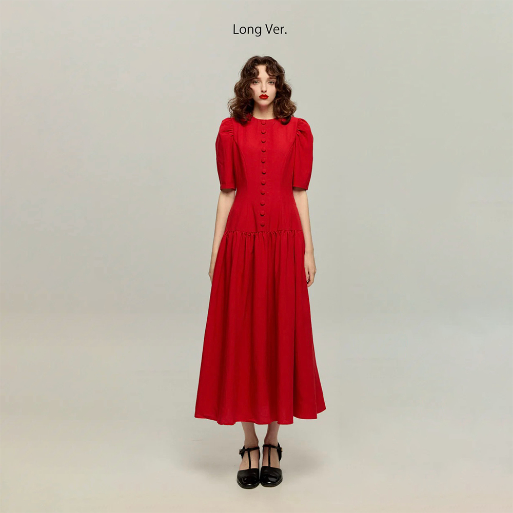 ハイウエストデザインドレス-Red