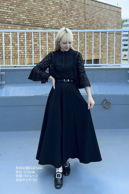 ハイウエストプリーツロングスカート-Black
