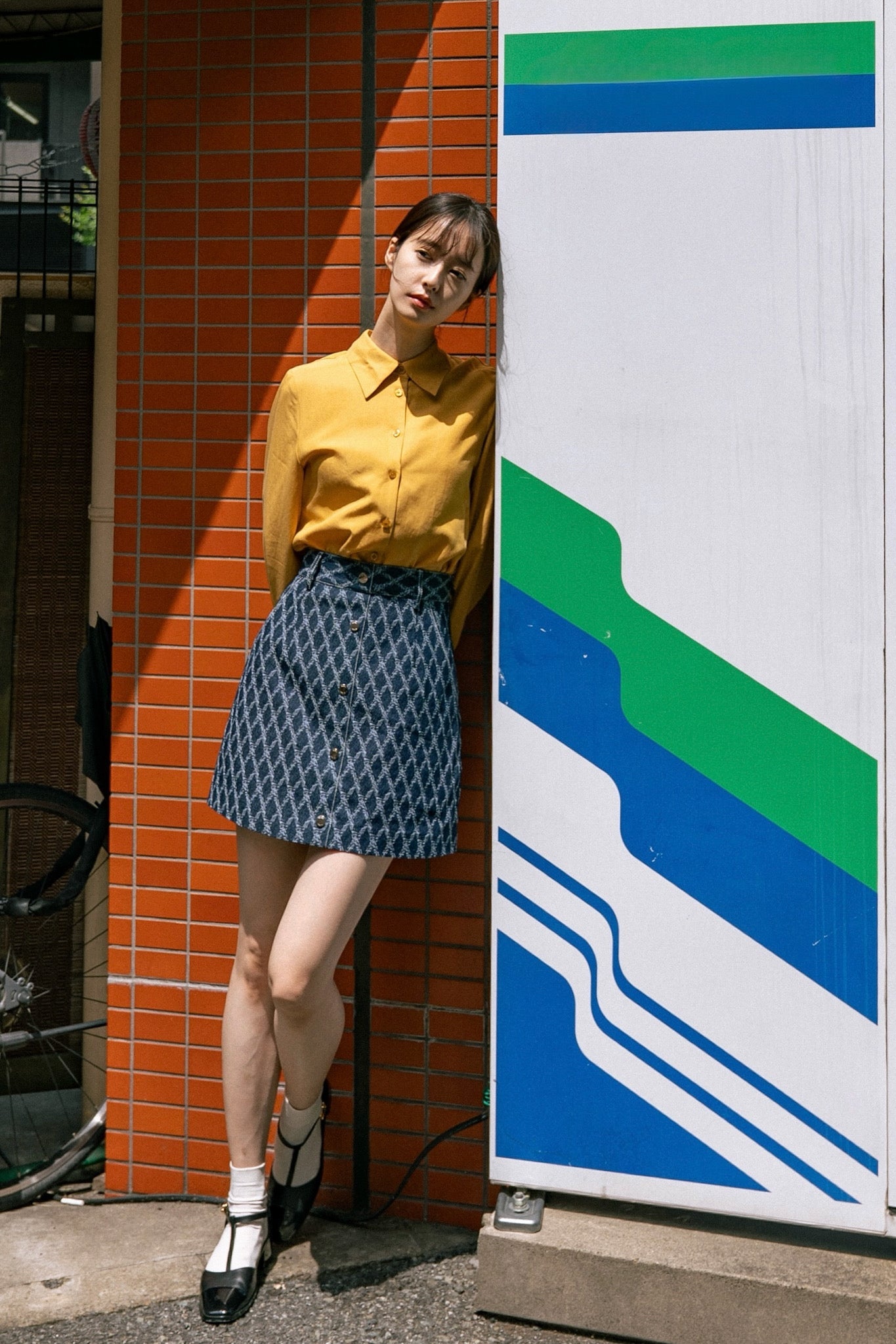 格子柄デニムスカート-Navy