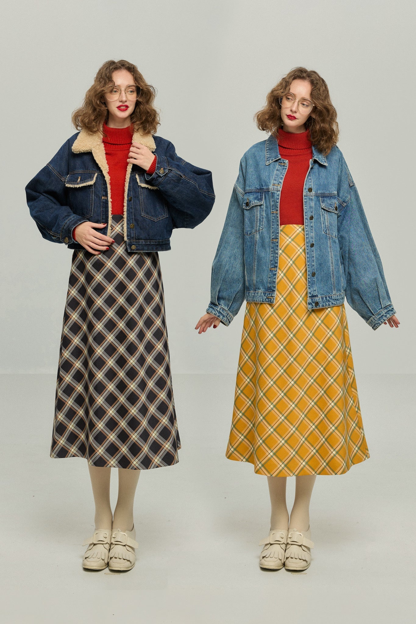 ハイウエストチェックAラインスカート-Navy