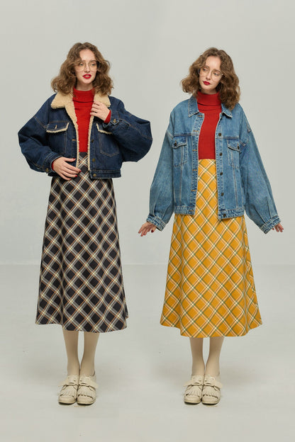 ハイウエストチェックAラインスカート-Navy