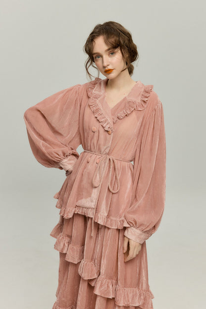 フリルデザインベルベットトップス-Pink
