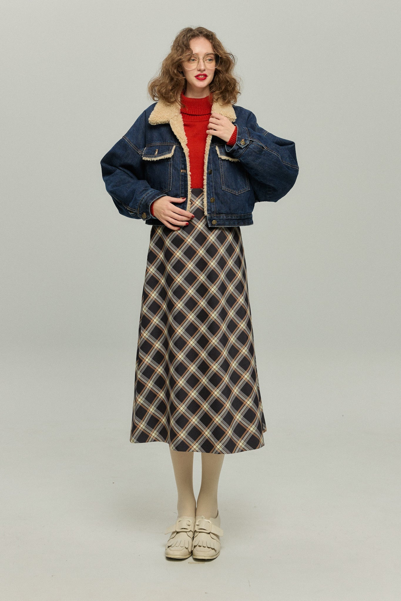 ハイウエストチェックAラインスカート-Navy