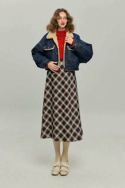 ハイウエストチェックAラインスカート-Navy