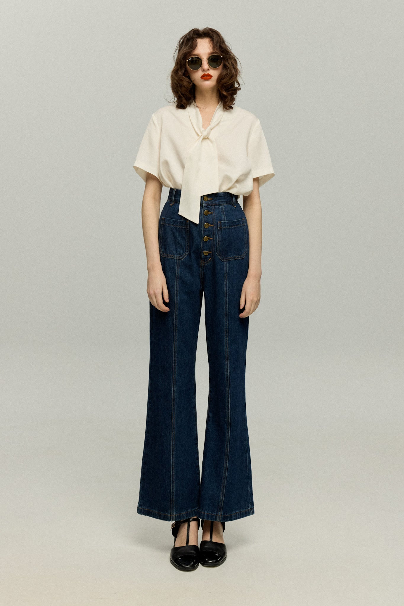 フロントボタンハイウエストデニムパンツ-Navy