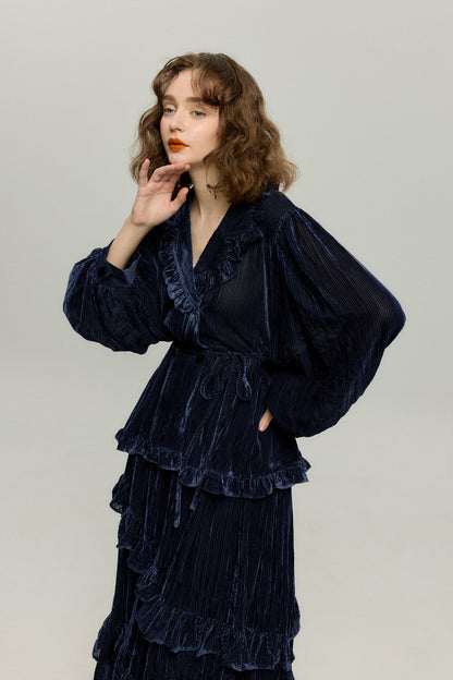 フリルデザインベルベットトップス-Navy