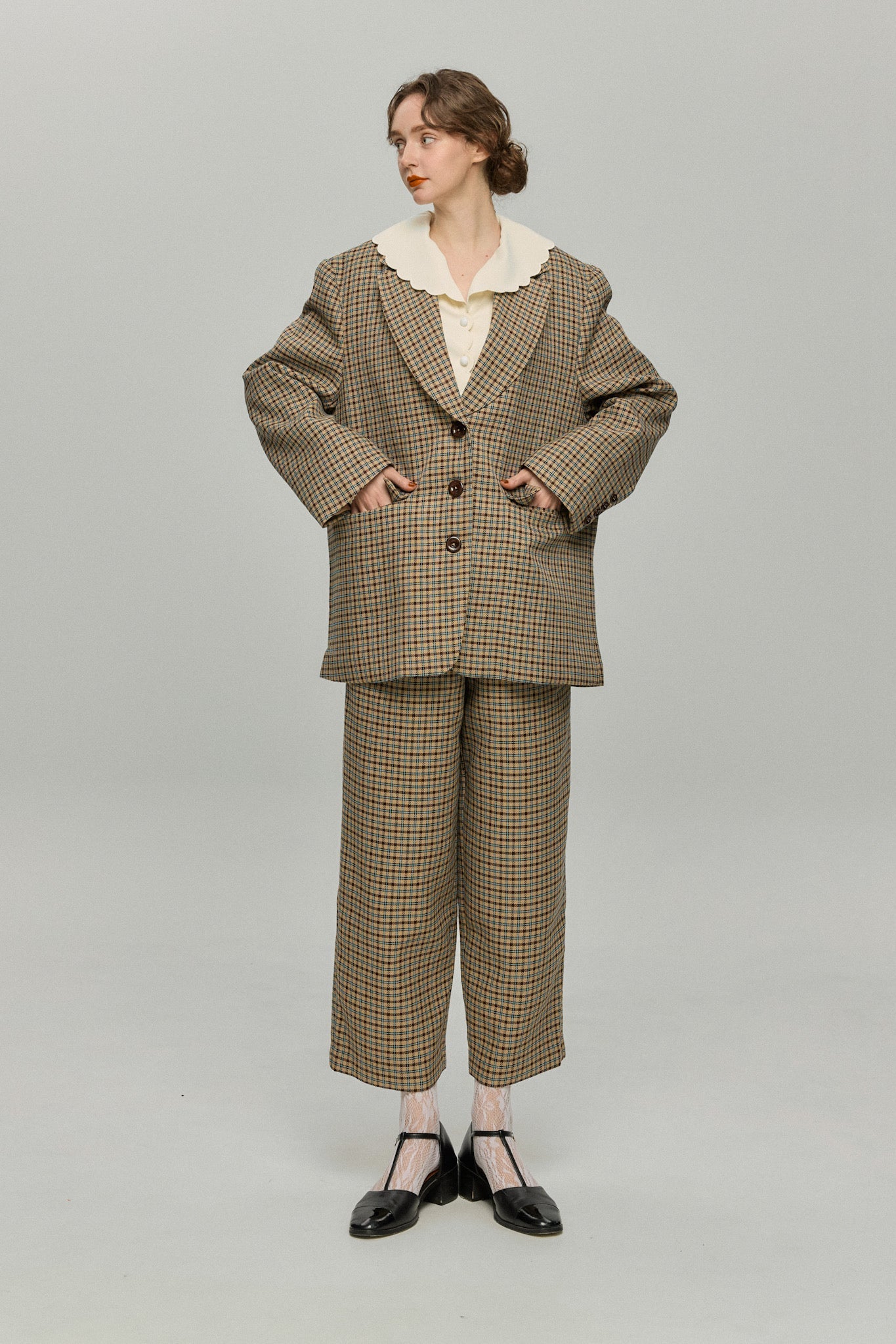 ハイウエストワイドチェックパンツ-Brown