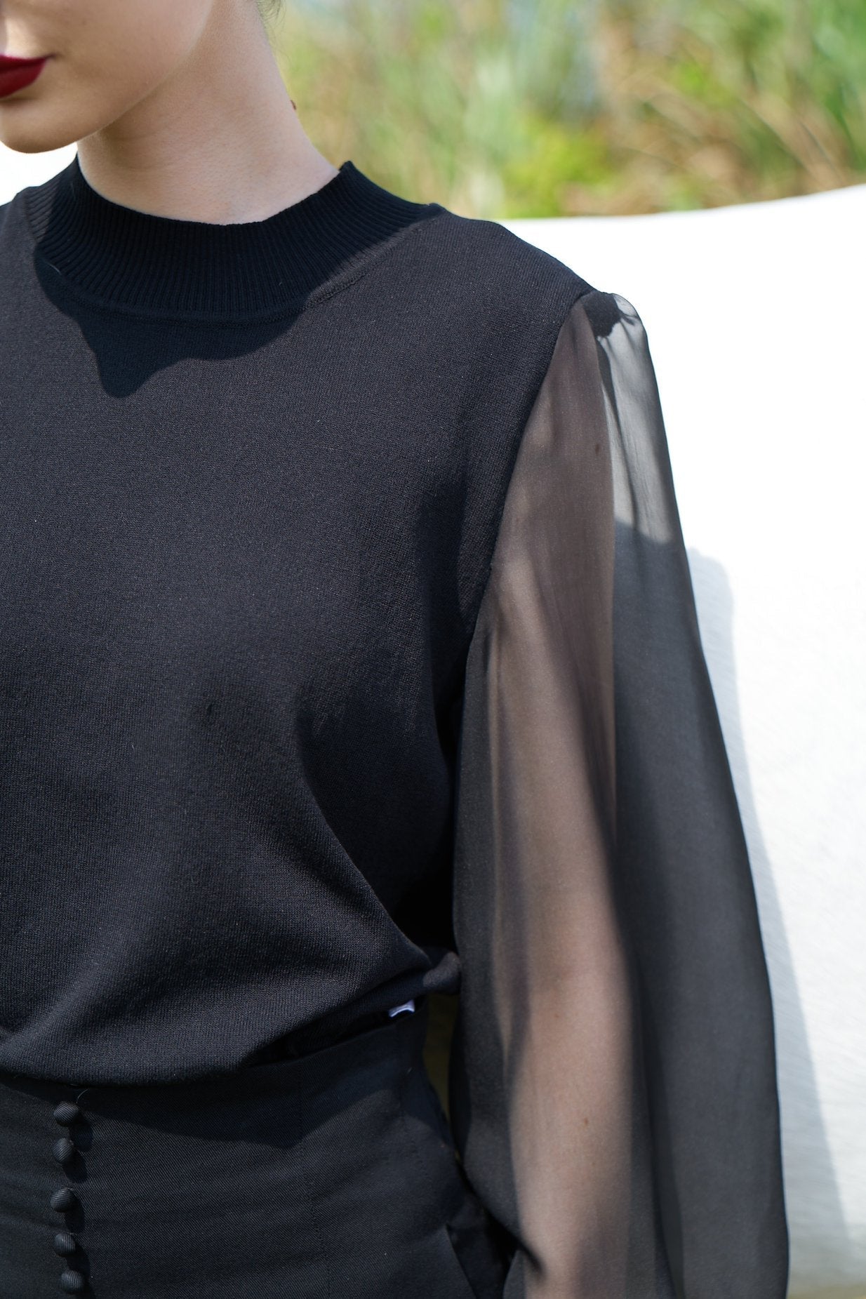 シースルースリーブニットトップ-Black