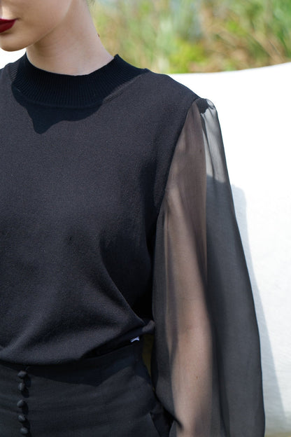 シースルースリーブニットトップ-Black