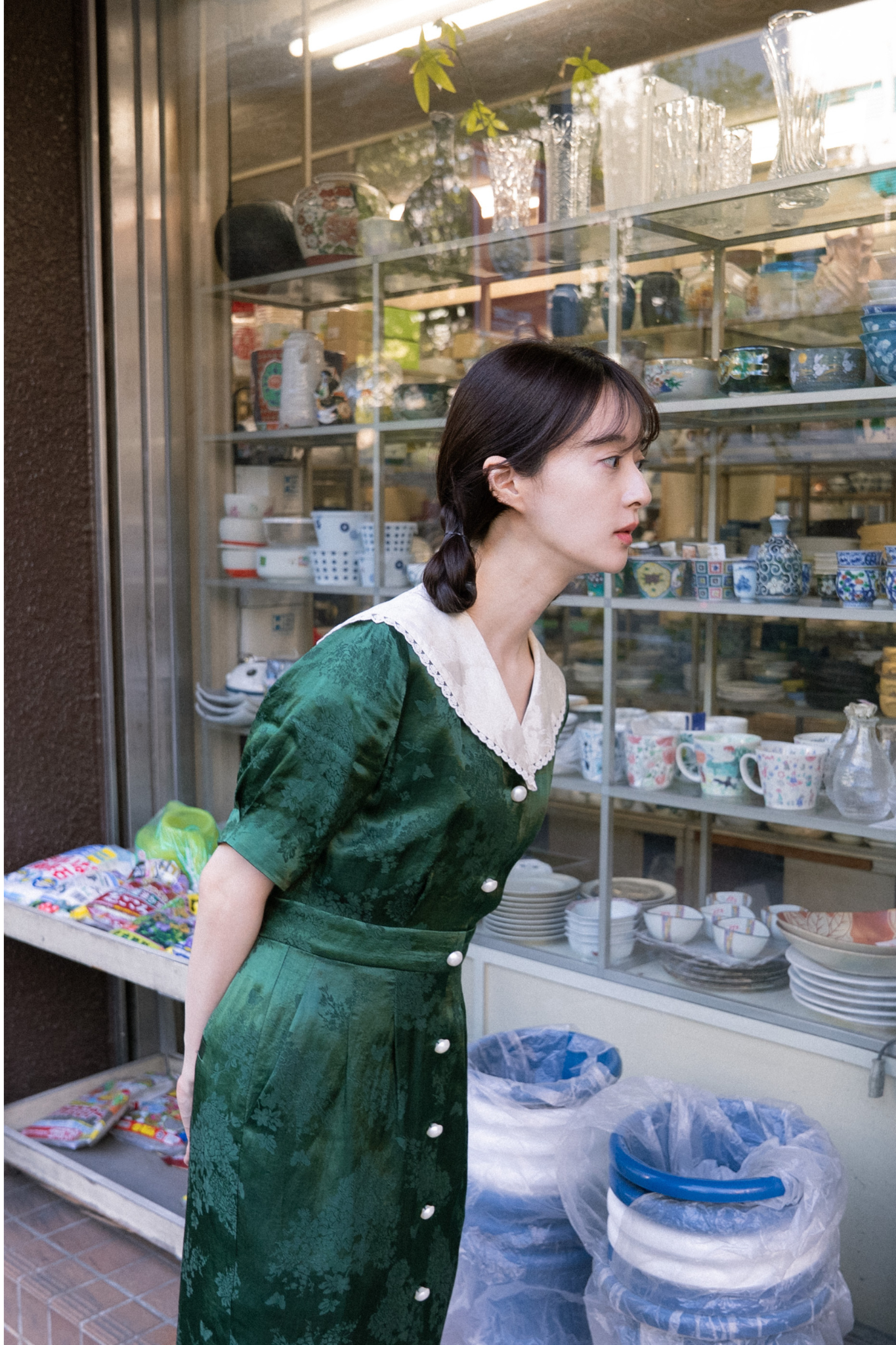 レーストリムジャガードワンピース-Green