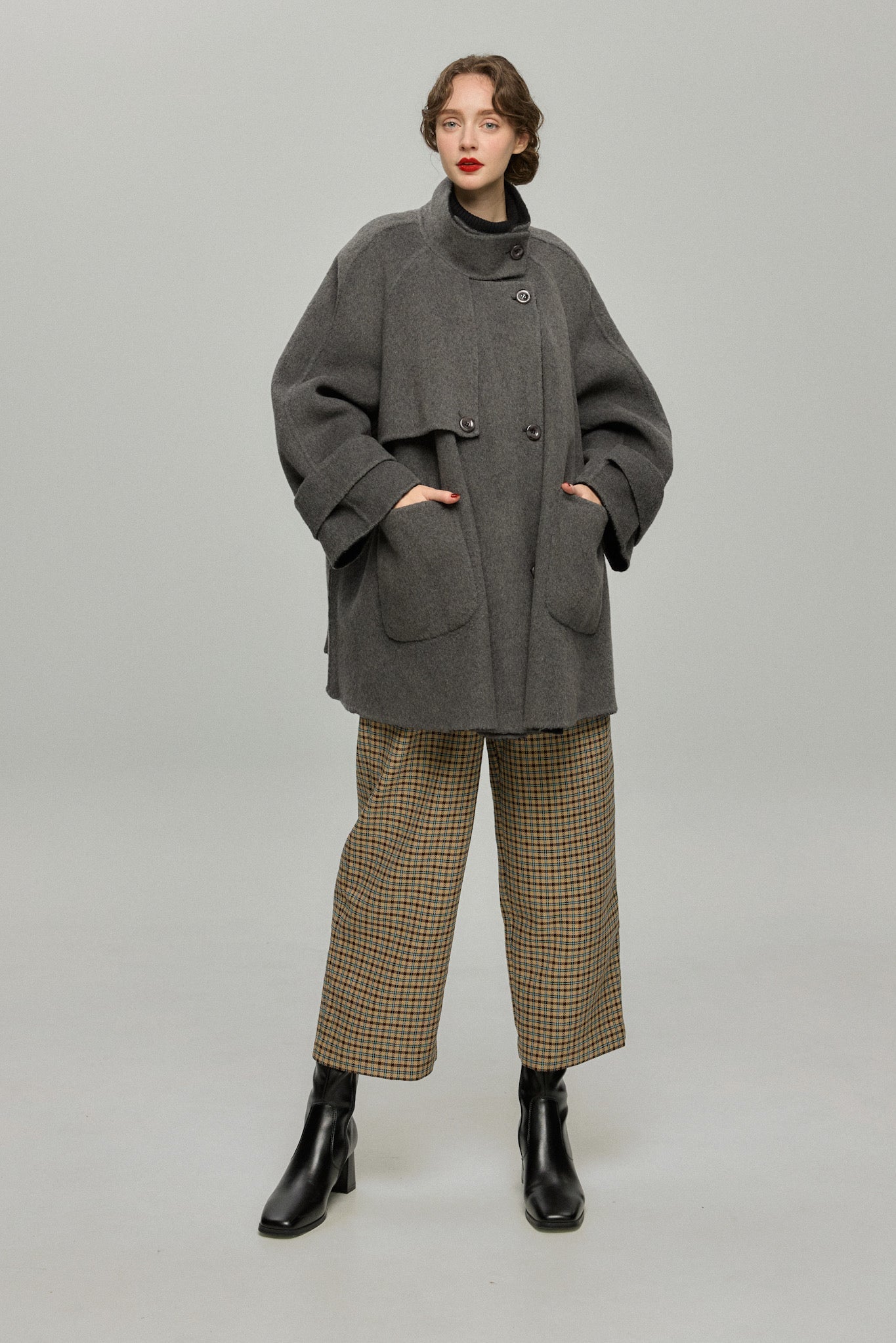 ハイウエストワイドチェックパンツ-Brown