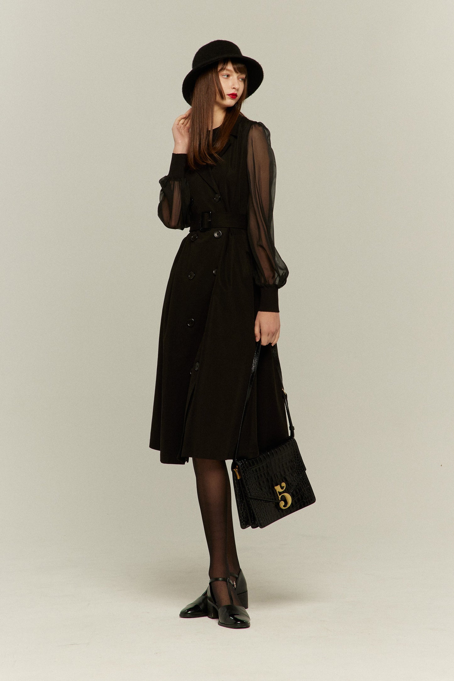 シースルースリーブニットトップ-Black