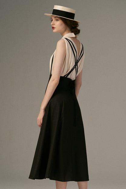 ダブルシンショルダーストラップサスペンダースカート-Black