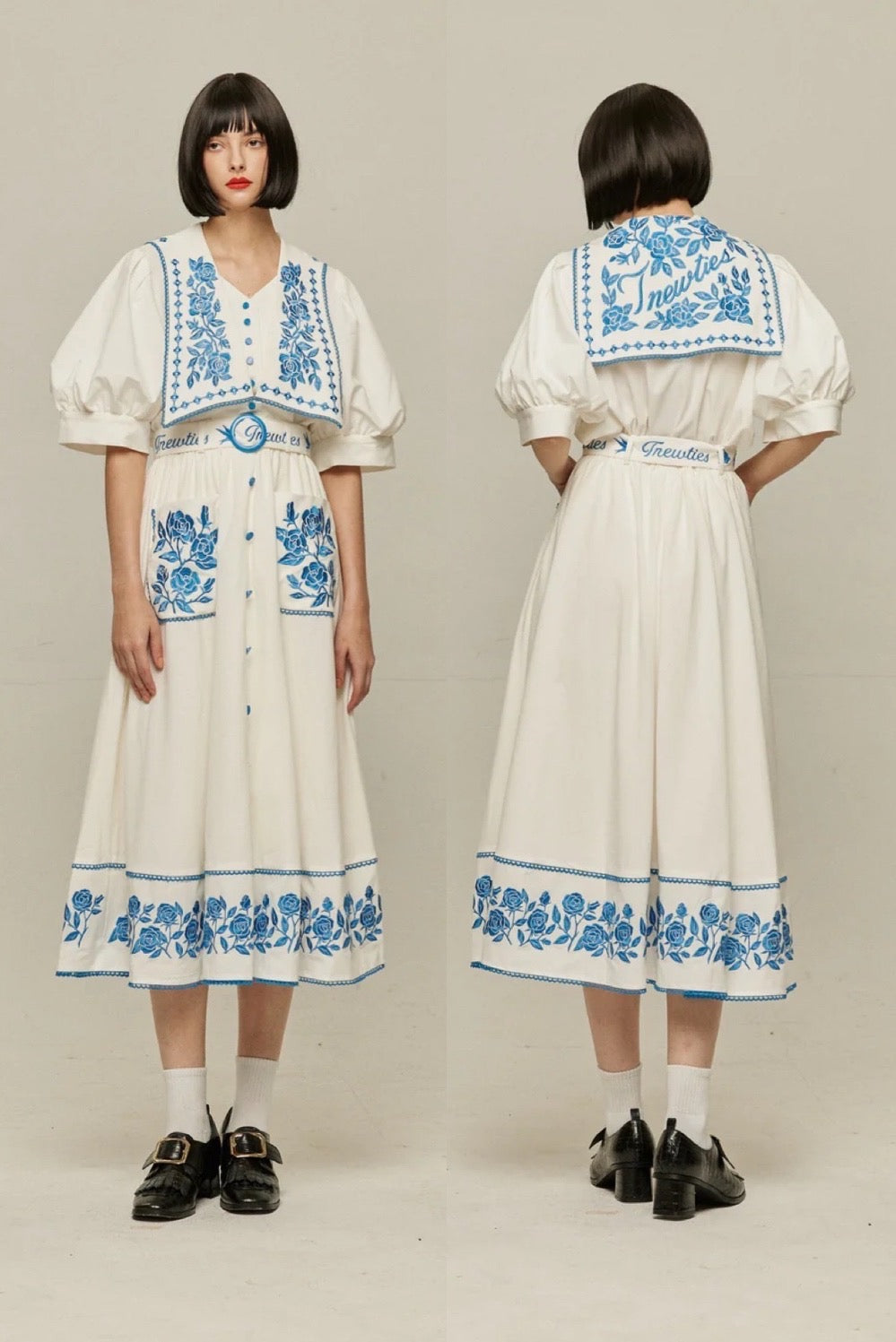 Soka Stroeエンブロイダリーハイウエストスカート-White