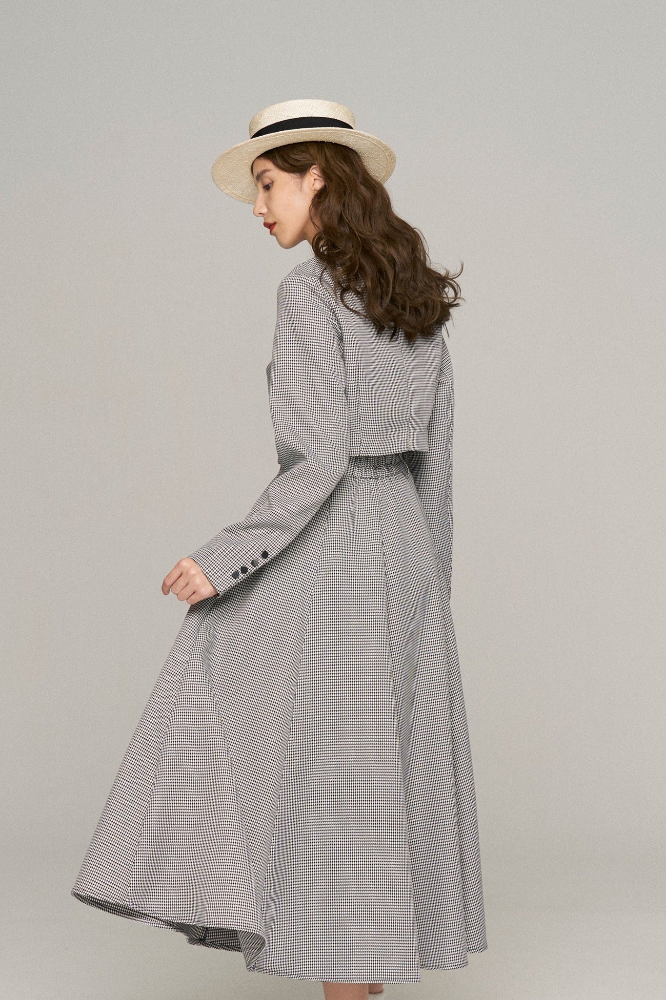 ハイウエストサーキュラースカート-Houndstooth check