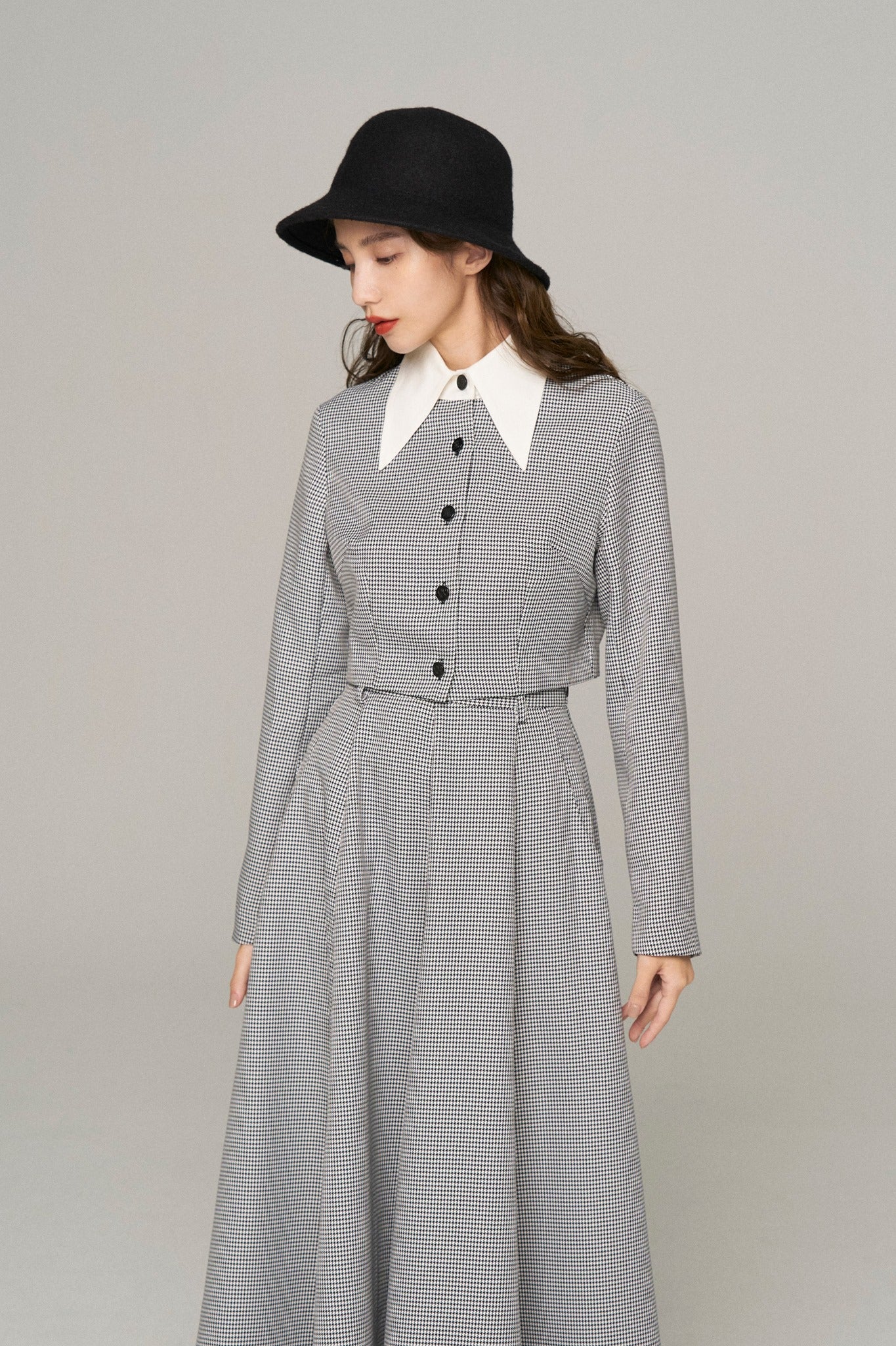 ハイウエストサーキュラースカート-Houndstooth check