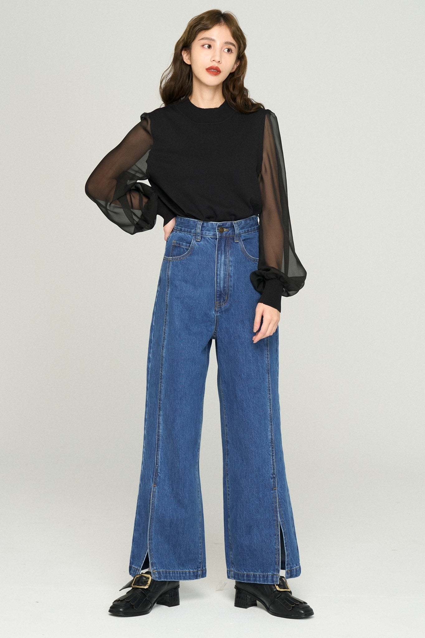 シースルースリーブニットトップ-Black