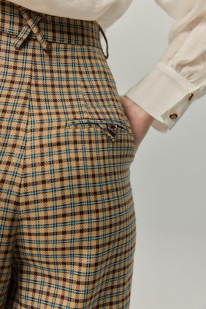 ハイウエストワイドチェックパンツ-Brown