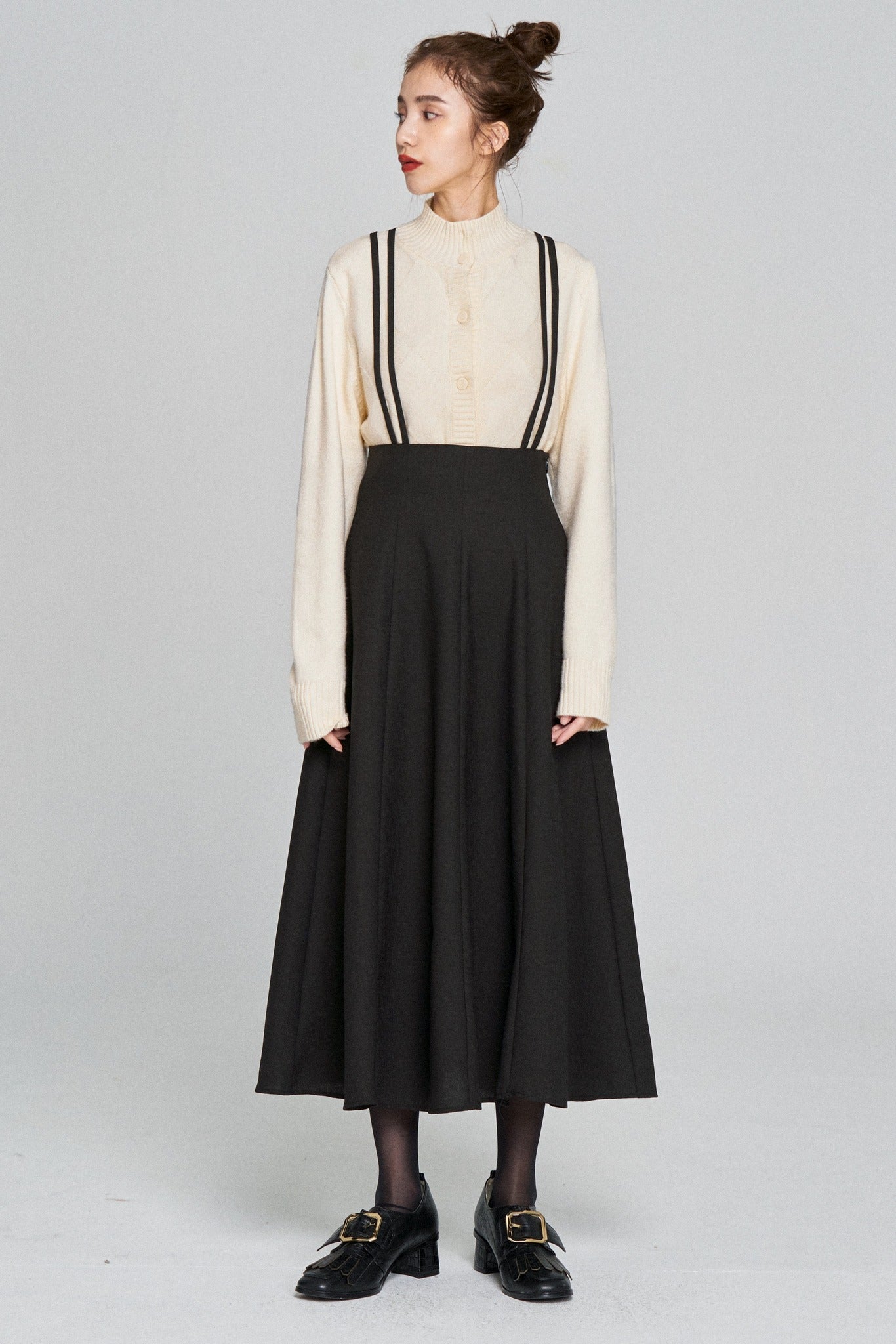ダブルシンショルダーストラップサスペンダースカート-Black
