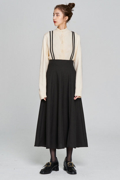 ダブルシンショルダーストラップサスペンダースカート-Black