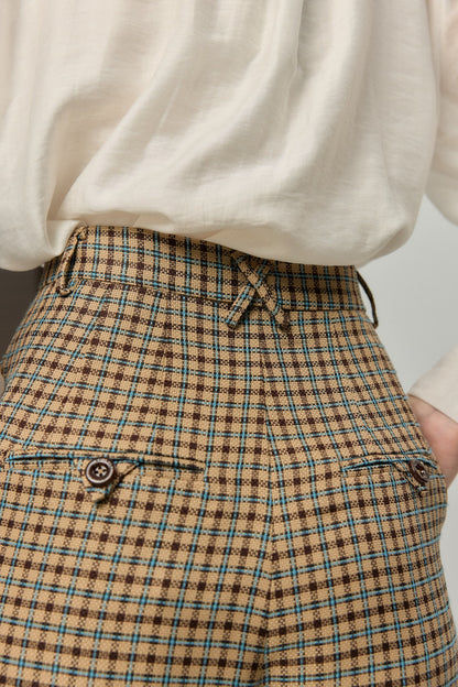 ハイウエストワイドチェックパンツ-Brown