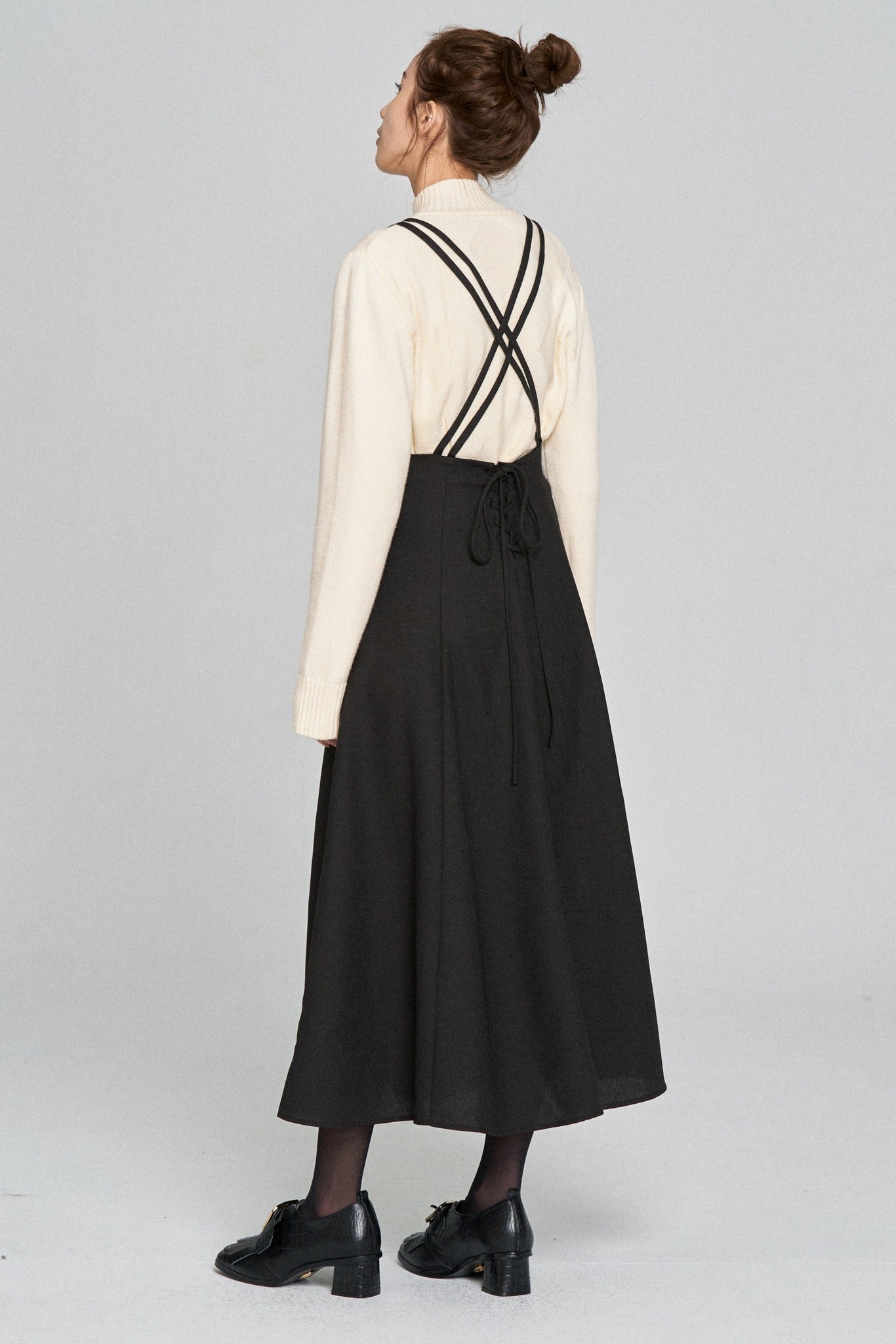 ダブルシンショルダーストラップサスペンダースカート-Black