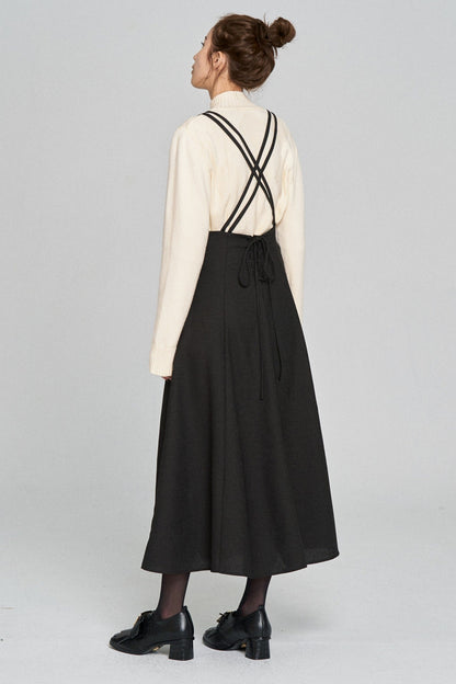 ダブルシンショルダーストラップサスペンダースカート-Black