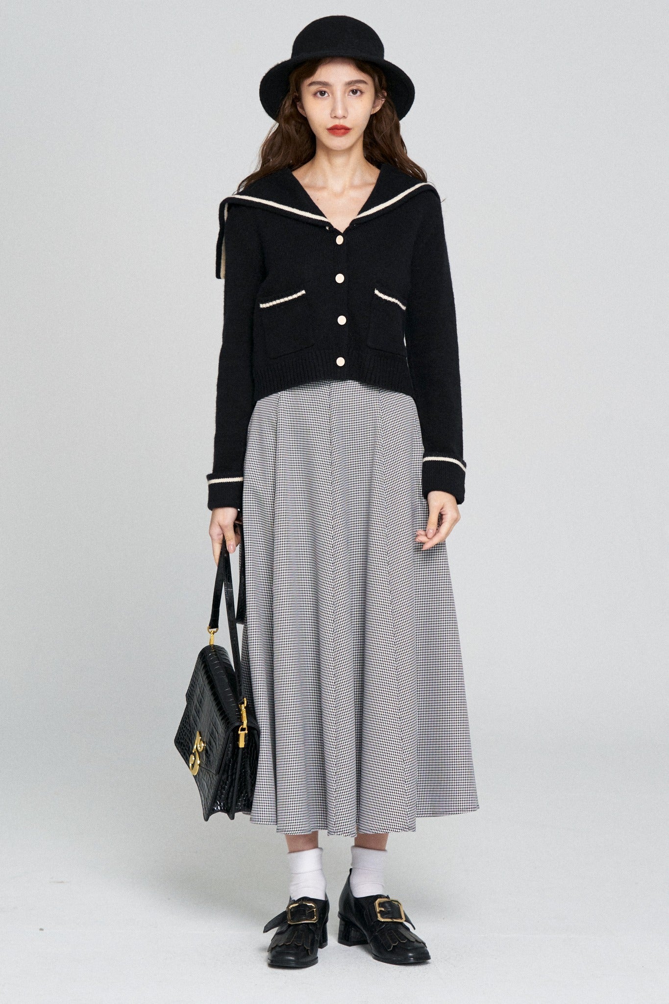ハイウエストサーキュラースカート-Houndstooth check