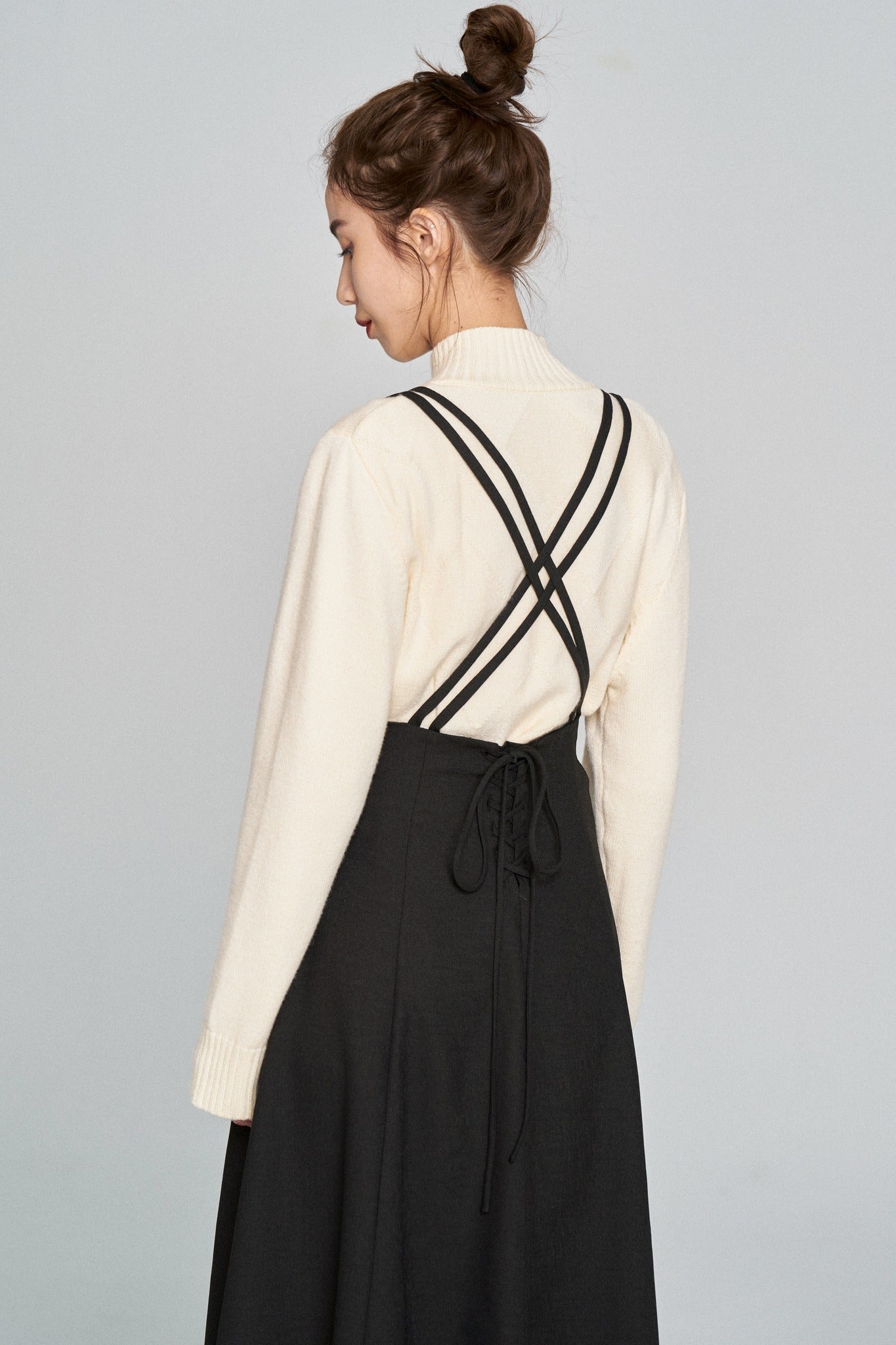 ダブルシンショルダーストラップサスペンダースカート-Black