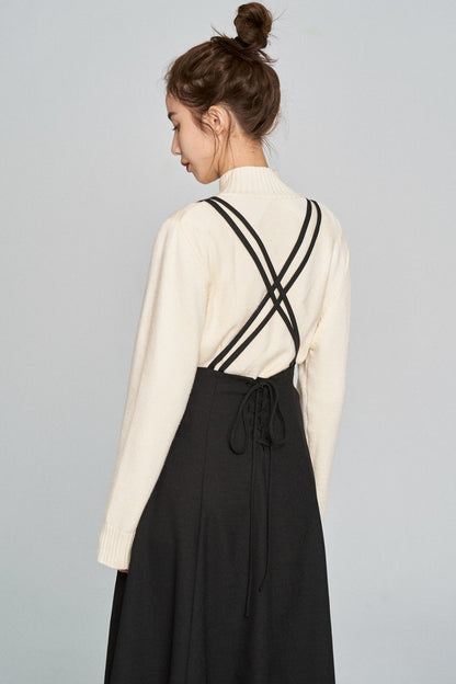 ダブルシンショルダーストラップサスペンダースカート-Black