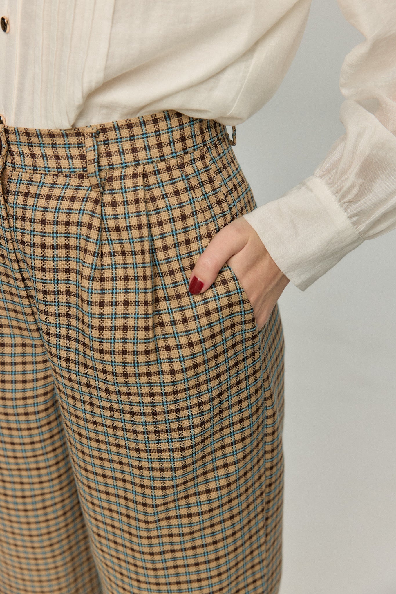 ハイウエストワイドチェックパンツ-Brown