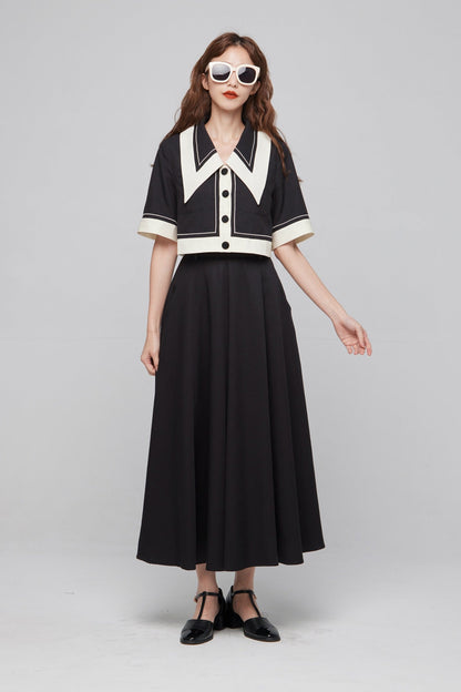ビッグカラーシンメトリーステッチトップス-Black