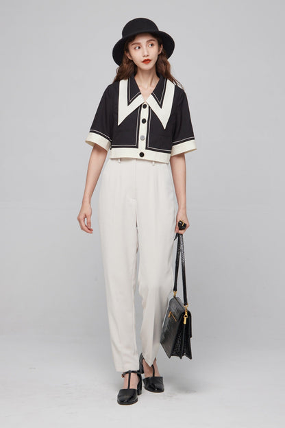 ビッグカラーシンメトリーステッチトップス-Black