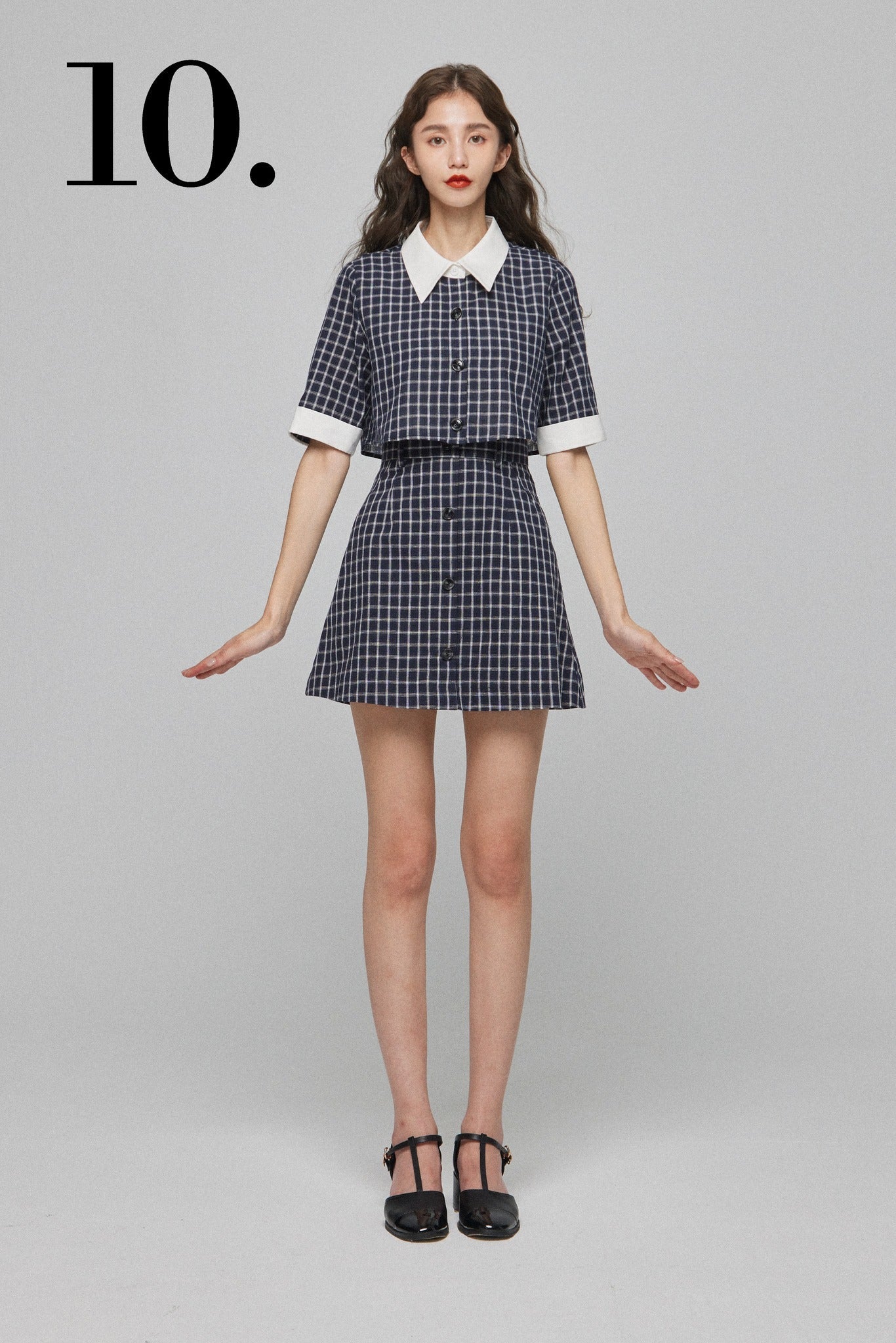 クロップドチェックブラウス-Dark Navy