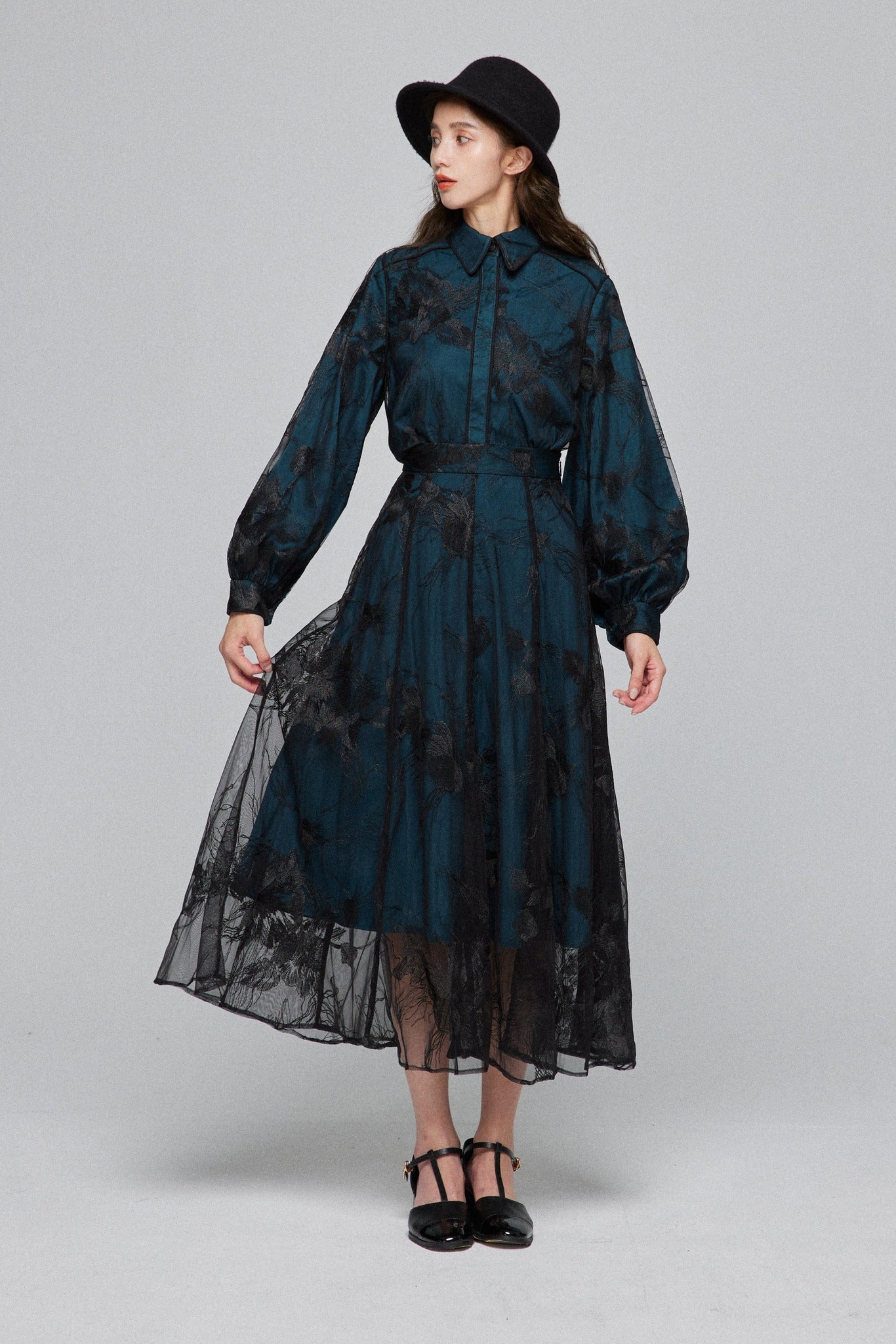シースルーエンブロイダリーハイウエストスカート-Dark green