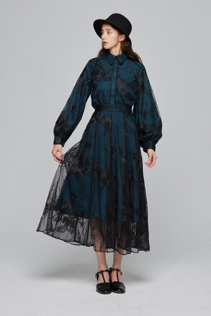 シースルーエンブロイダリーハイウエストスカート-Dark green