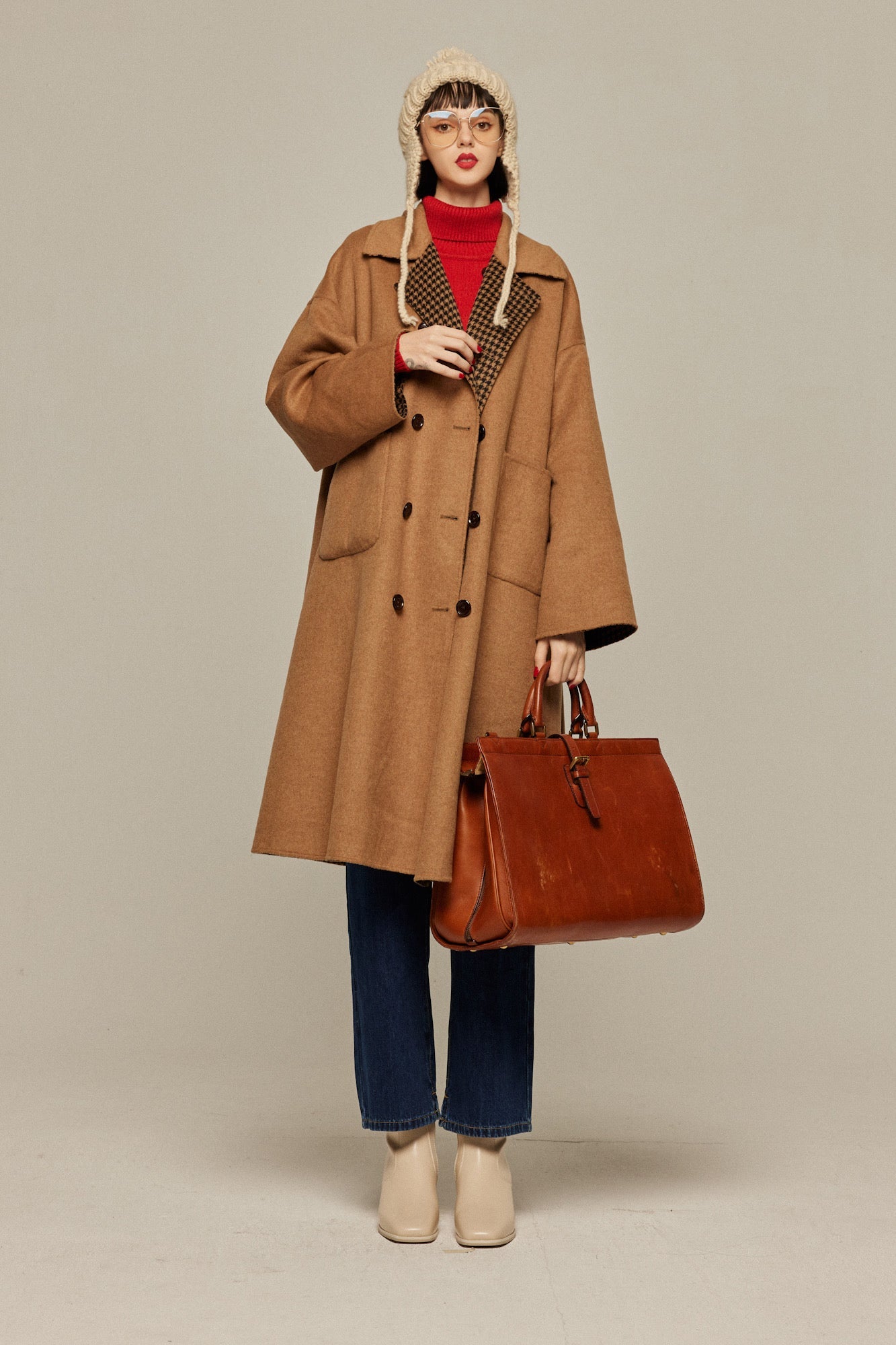 ハイウエストストレートデニムパンツ-Navy