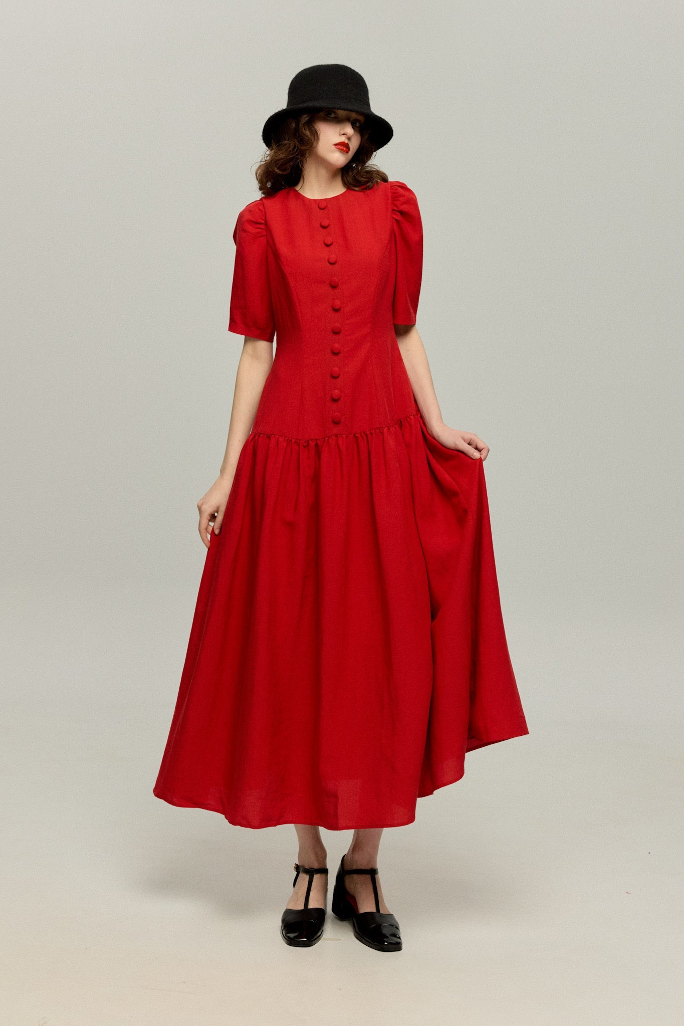 ハイウエストデザインドレス-Red