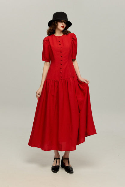 ハイウエストデザインドレス-Red