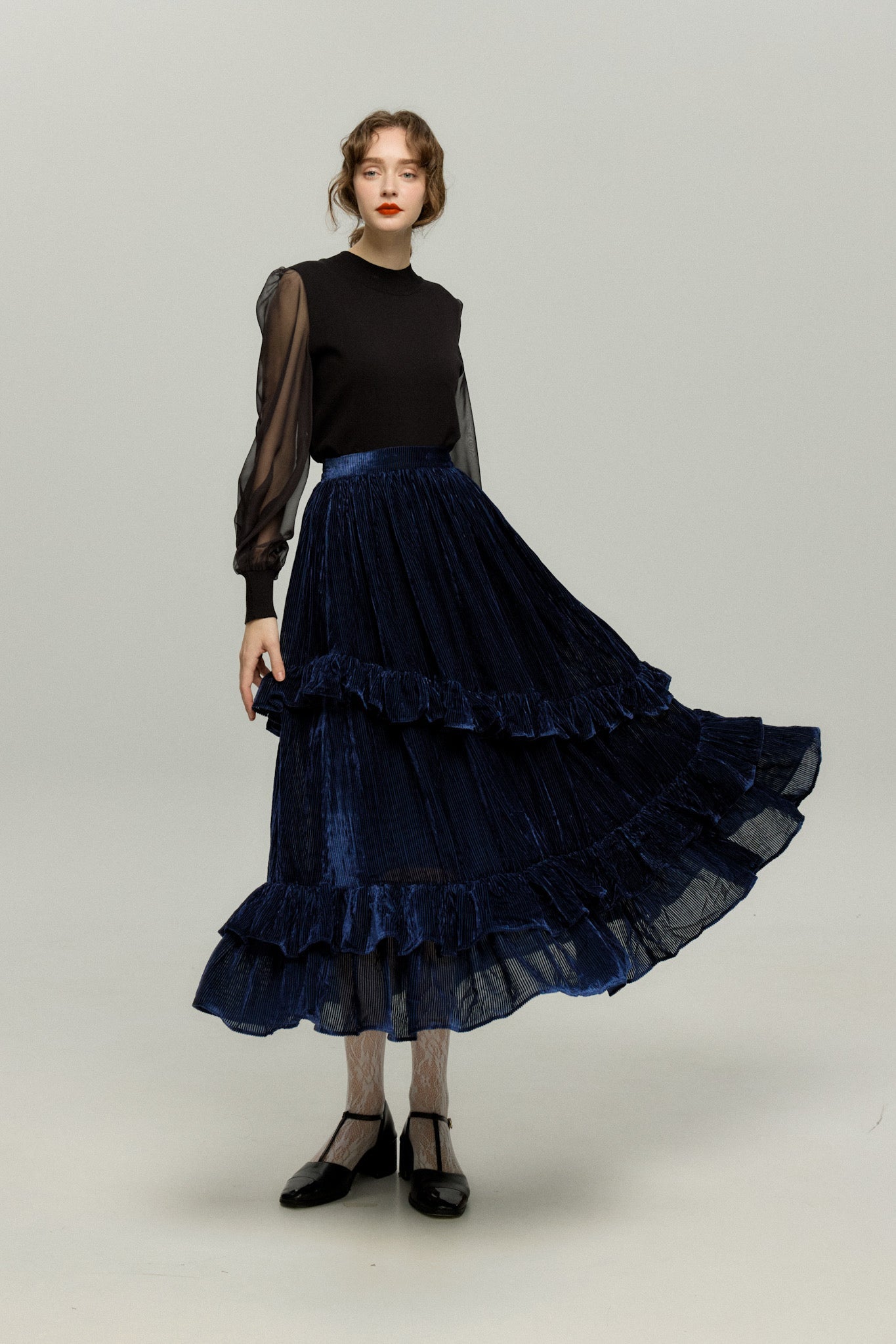 ベルベットサーキュラースカート-Navy
