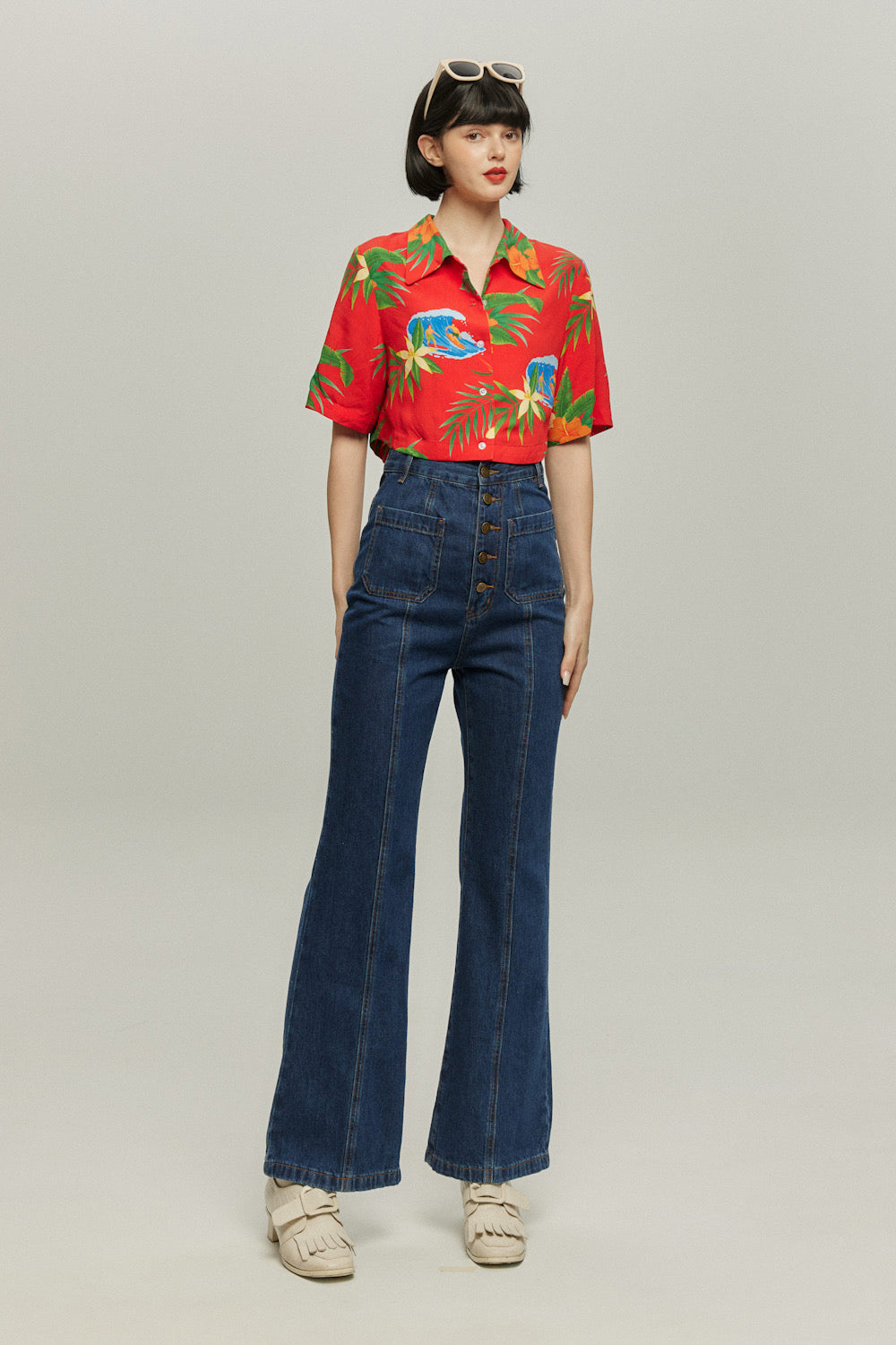 フロントボタンハイウエストデニムパンツ-Navy