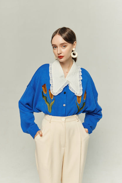 チューリップエンブロイダリーカーディガン-Blue