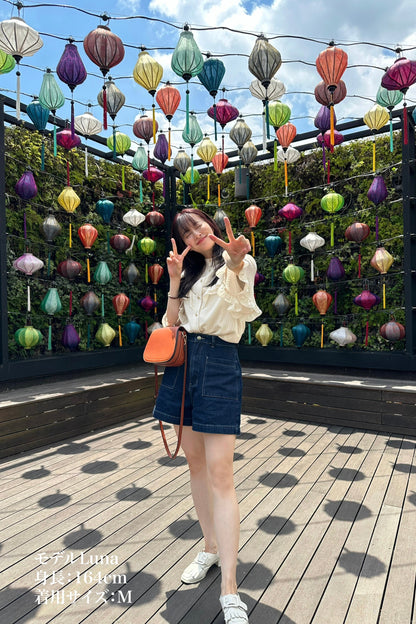 ハイウエストショートデニムパンツ-Navy