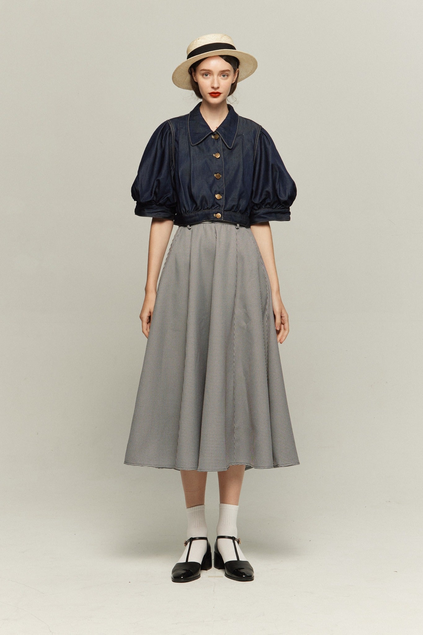 パフスリーブデニムトップス-Navy