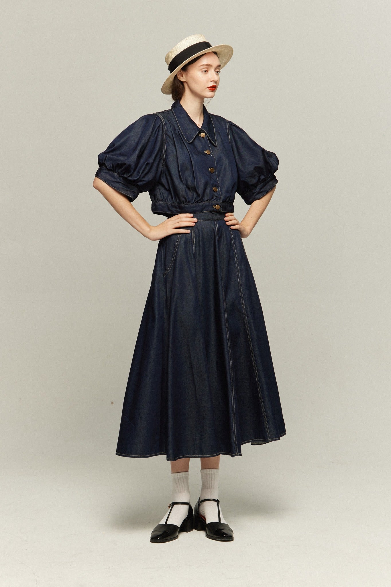 ハイウエストデニムスカート-Navy